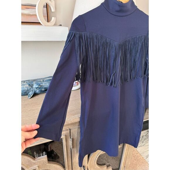 Tuckernuck Dress Women Navy‎ Blue Cowgirl Suede Fringe Long Sleeve Size XSmall - Picture 2 of 9